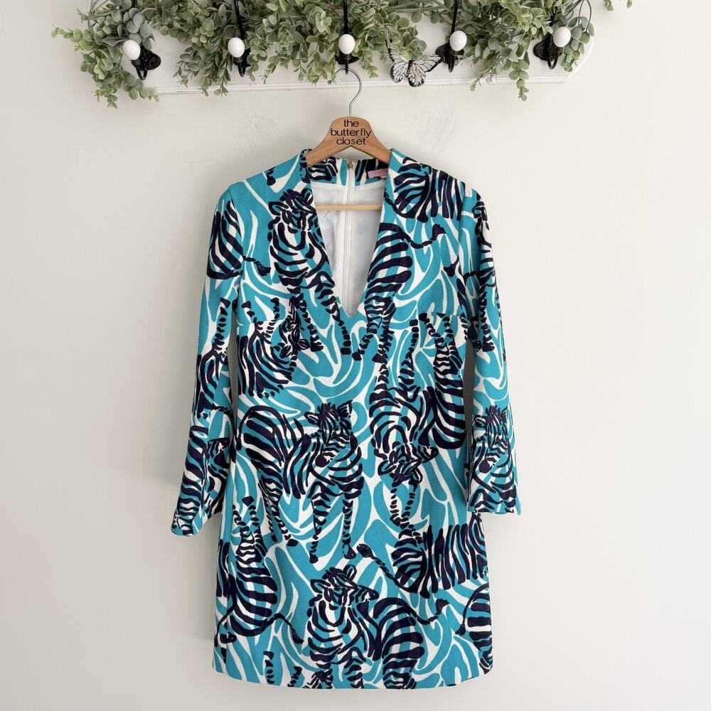 Lilly Pulitzer Devina Shift Dres Blue Zebra Print Size 2 cruise resort beach 006